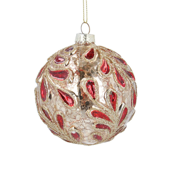 Glass Bauble 8cm - Red/Gold Embossed