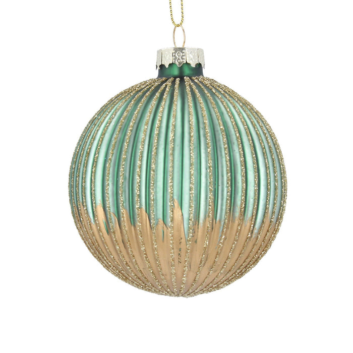 Glass Bauble 8cm - Two Tone Green/Gold Ri