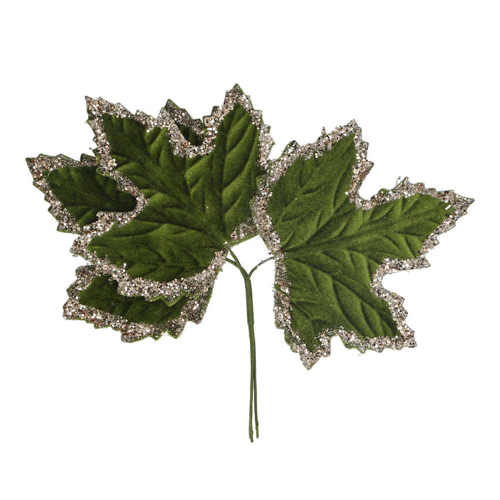 Pick 17cm - Green Velvet Leaf Bunch w Gol