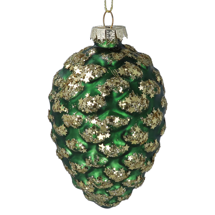Green Glass Pine Cone w Gold Glitter Dec