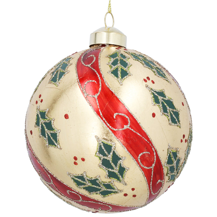 Gold Foil Glass Ball w Red Swirls/Holly,