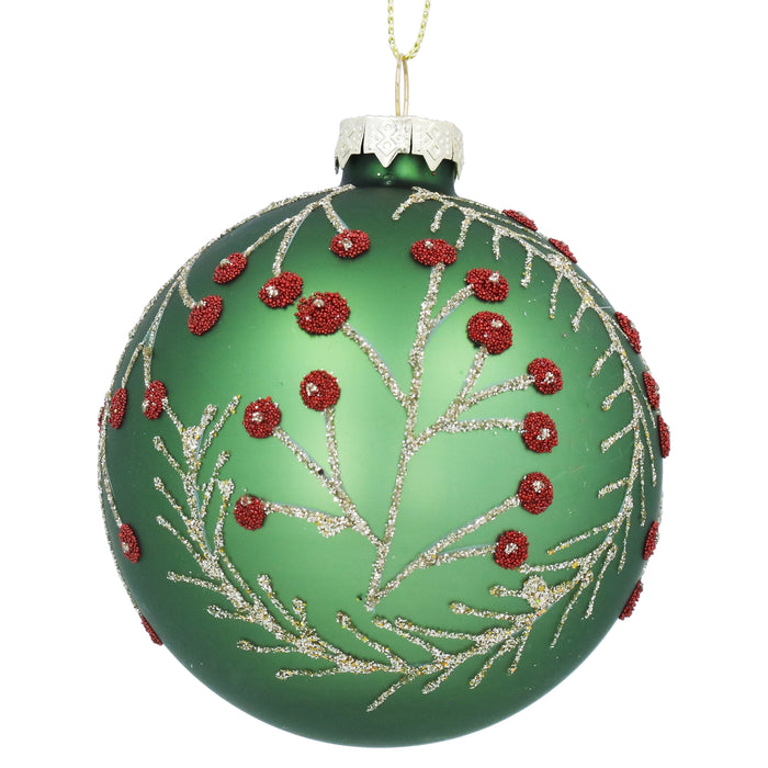 Green Glass Ball w Gold/Branches/Red Berr