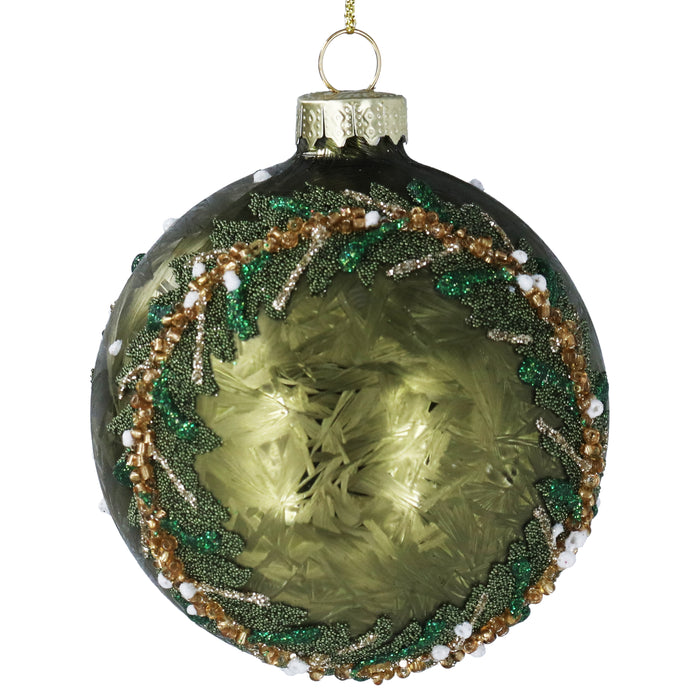 Green Glass Ball w Green Beaded Wreath