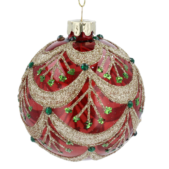 Clear Red Glass Ball w Gold Glitter Swags