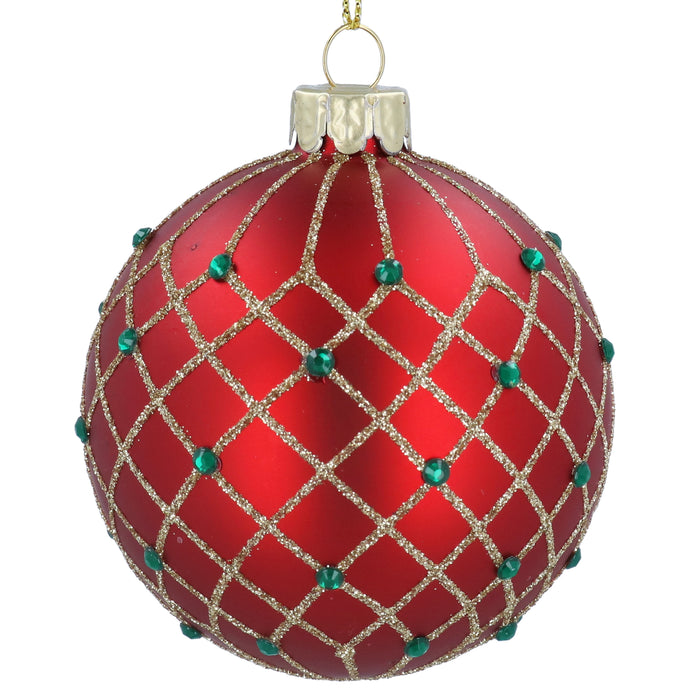 Red Glass Ball w Gold Trellis/Green Jewel