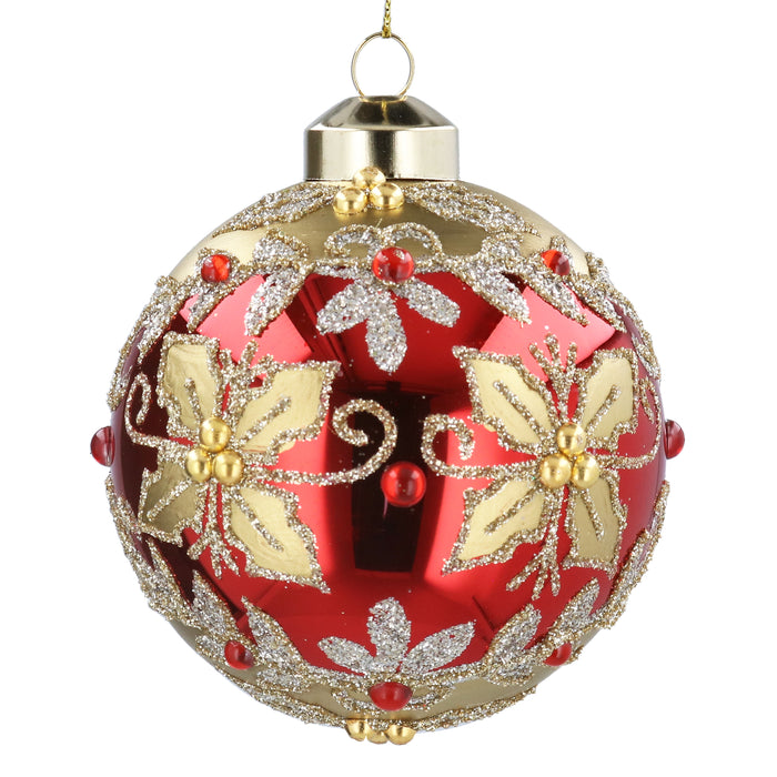 Red Mirror Glass Ball w Gold Foliage/Bord
