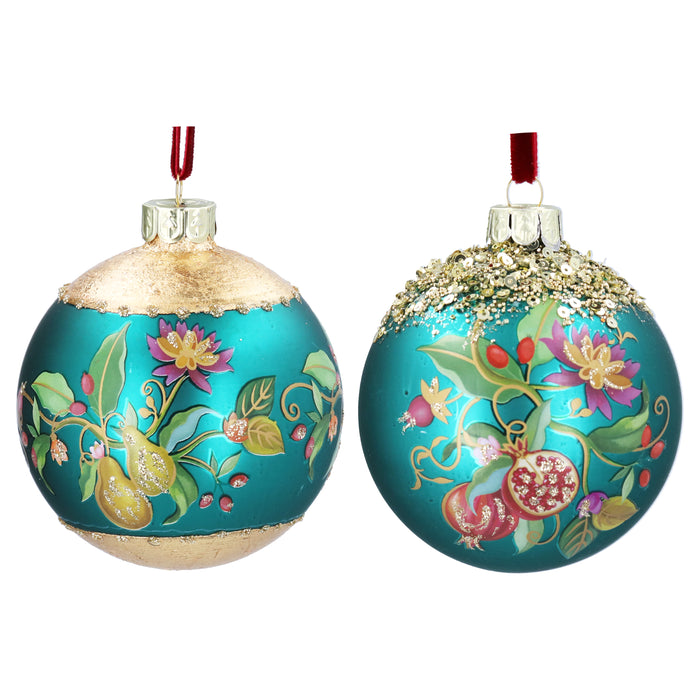 Glass Ball, 8cm - Matt Teal Blue/Floribunda,