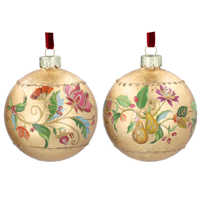 Glass Ball, 8cm - Gold Leaf/Floribunda, 2as