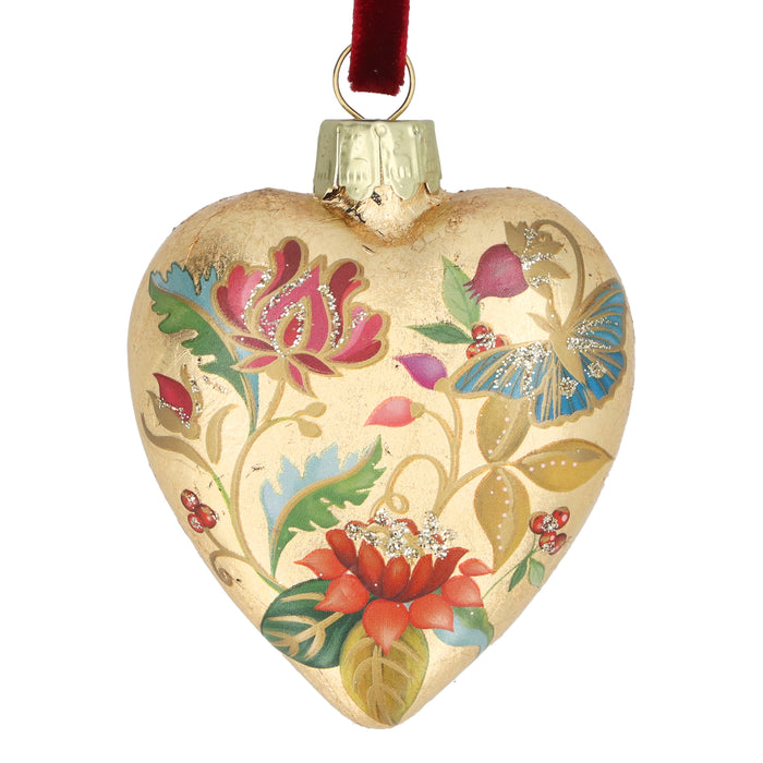 Glass Heart, 6cm - Gold Leaf/Floribunda