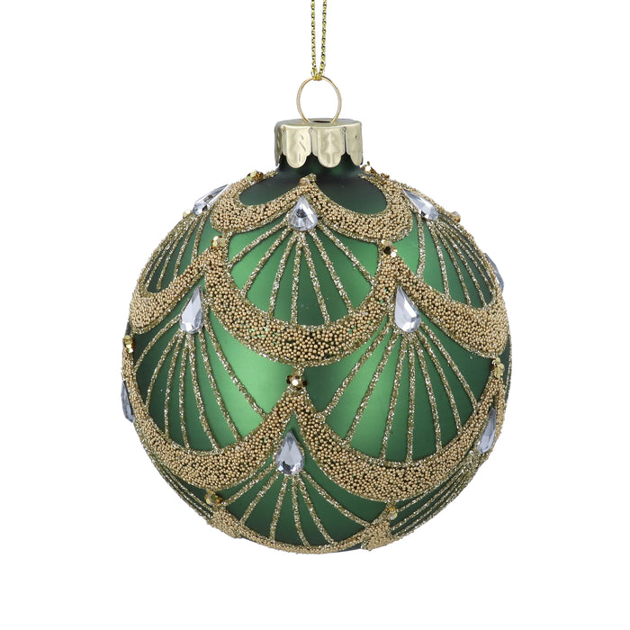 Glass Ball, 8cm - Green/Gold Swags & Jewels