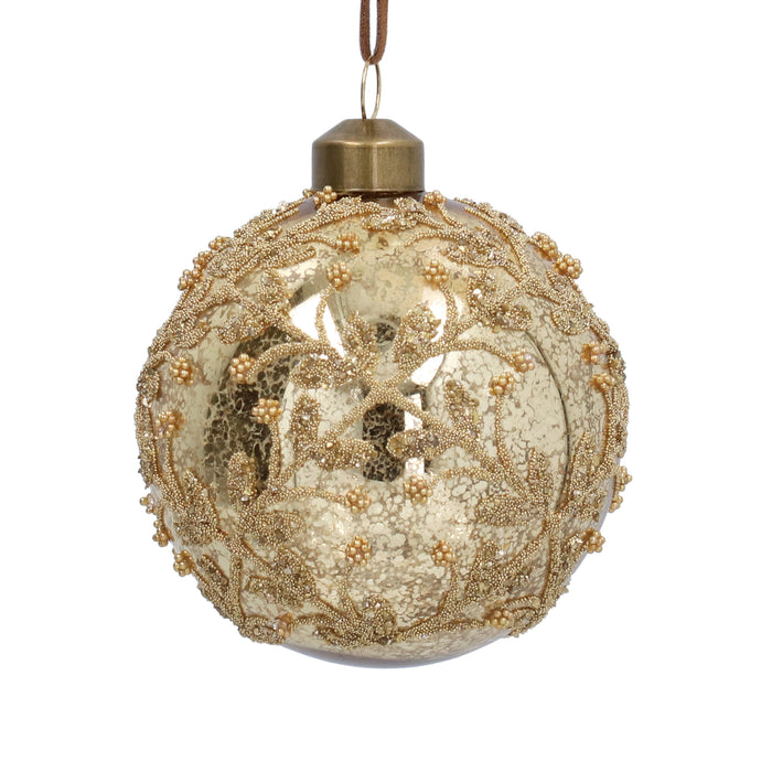 Glass Ball, 8cm - Antique Gold/Beaded Trellis