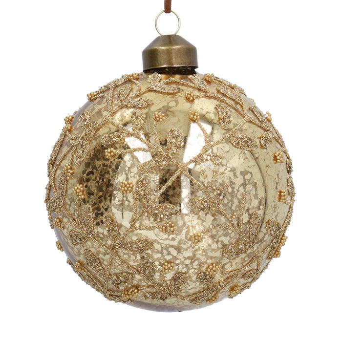Glass Ball, 10cm - Antique Gold/Beaded Trellis
