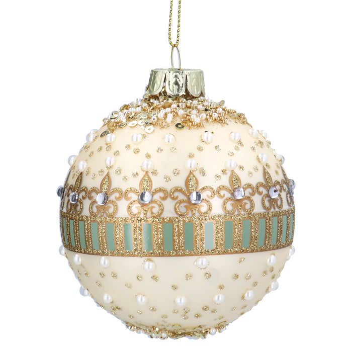 Glass Ball, 8cm - Matt Cream/Pearls & Jewels