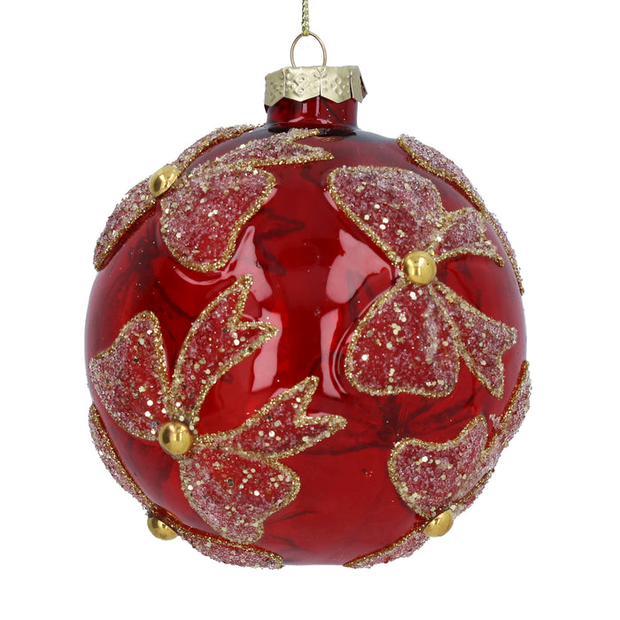 Glass Ball, 10cm - Clear Red/Glitter Bows