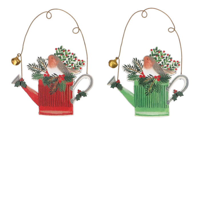 Wood Dec, 8cm - Robin w Watering Can, 2as