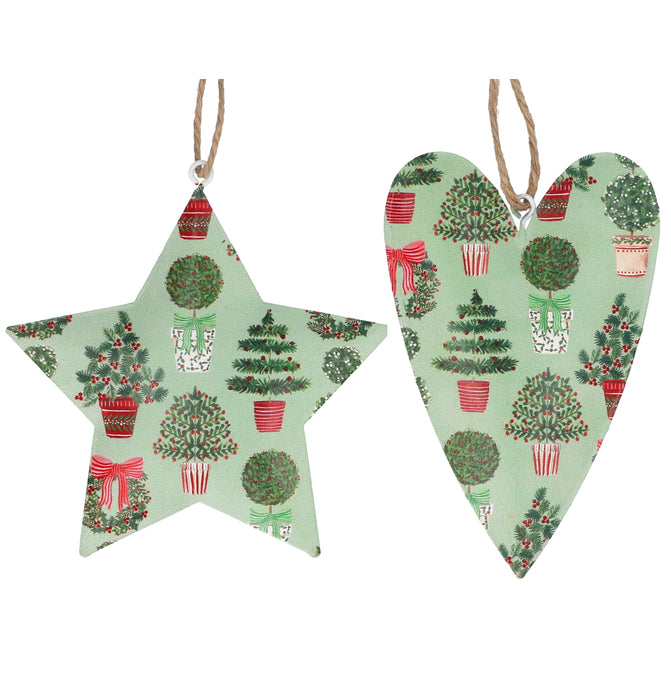 Tin Heart/Star, 11cm - Green/Potted Trees, 2as