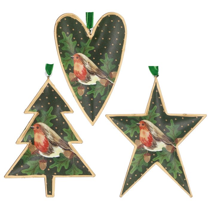 Tin Dec, 12cm - Green/Robin on Sprig