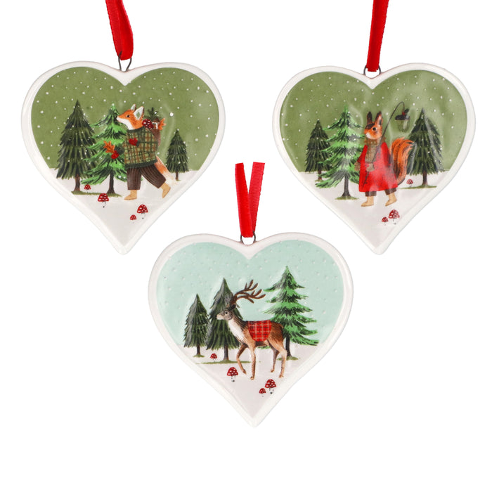 Ceramic Heart, 6cm - Woodland Scene, 3as