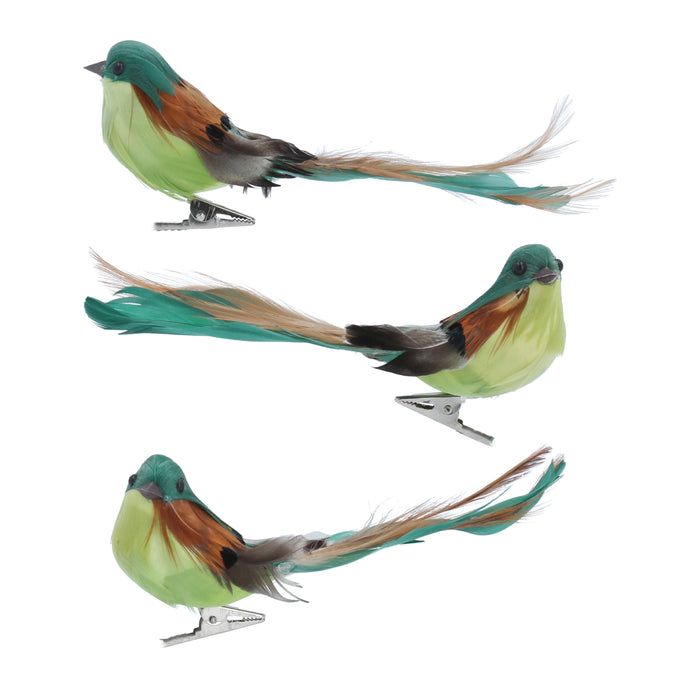 Green/Natural Feather Bird Clips, 3as