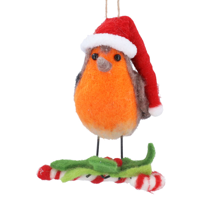 Mixed Wool Santa Robin on Candy Cane Dec