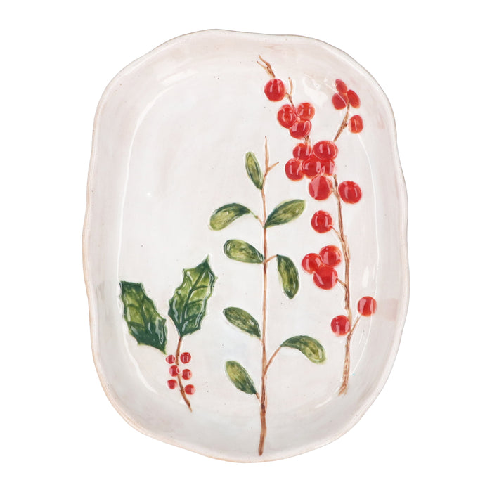 Stoneware Oval Dish - Holly & Red Berries