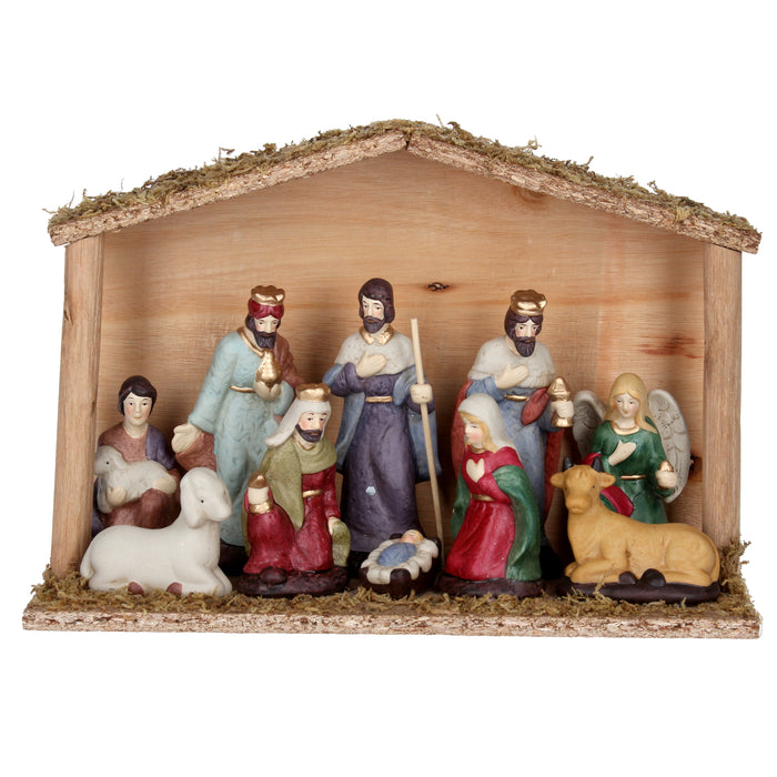 Ceramic Nativity Figures in Wood Stable Orn    /