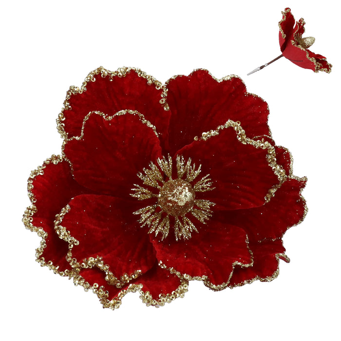 Fabric Magnolia Clip, 17cm - Red w Gold Trim