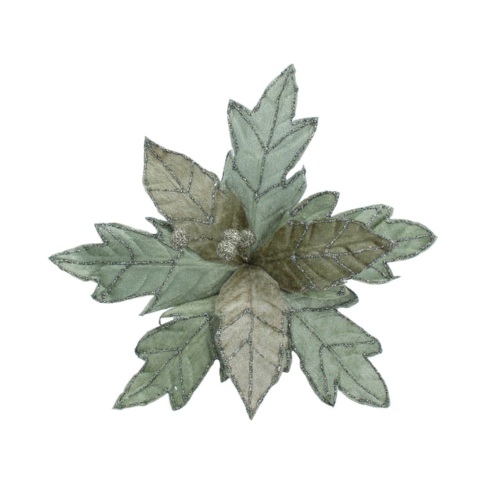 Pale Green Fabric/Glitter Poinsettia Pick
