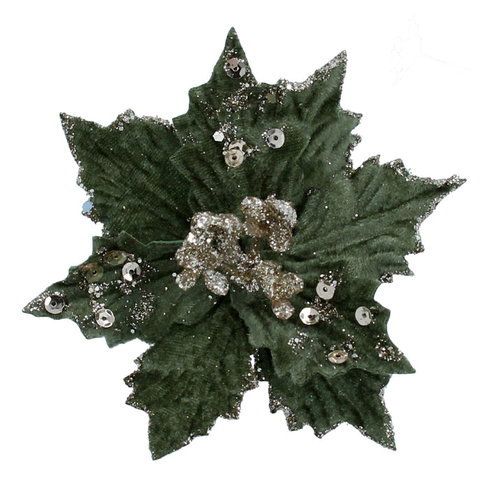 Green Fabric Poinsetta Clip w Gold Glitte
