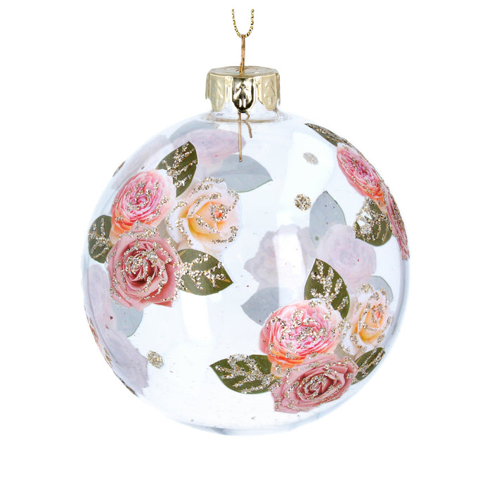 Clear Glass Ball w Pink Glitter Roses