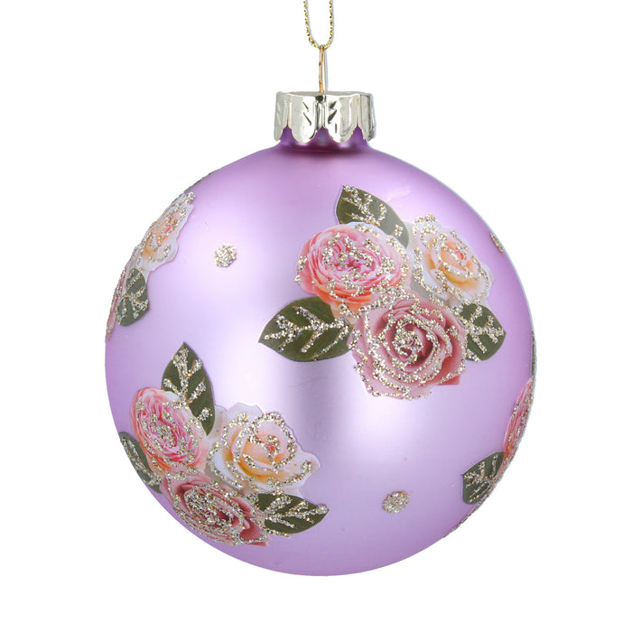Lilac Glass Ball w Pink Glitter Roses,