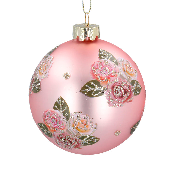 Pink Glass Ball w Glitter Roses