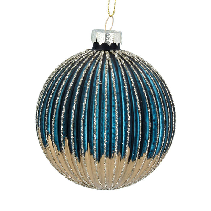 Glass Bauble  8cm - Blue Gold Ribbed
