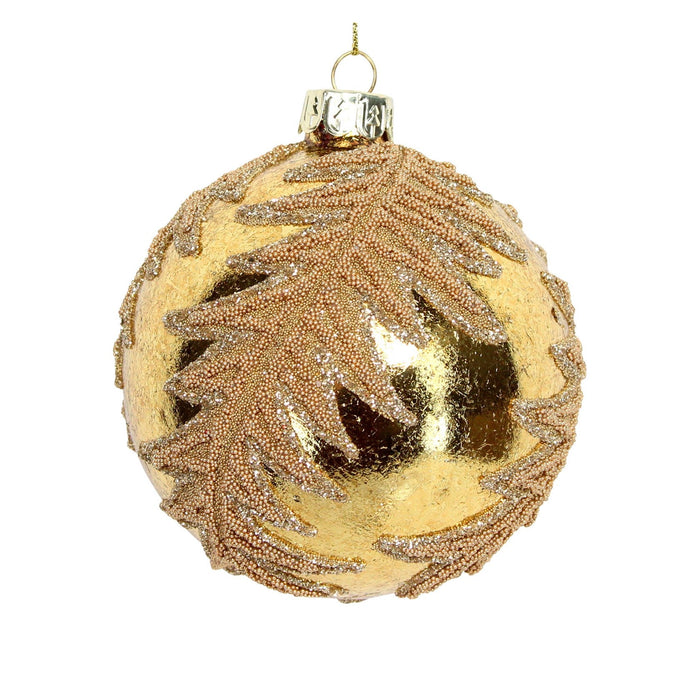 Glass Bauble 8cm - Gold/Gold Beaded Leaf