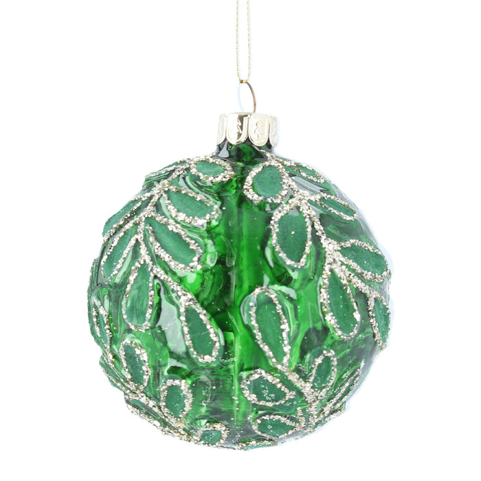 Glass Bauble 8cm - Clear Green/Gold Embos