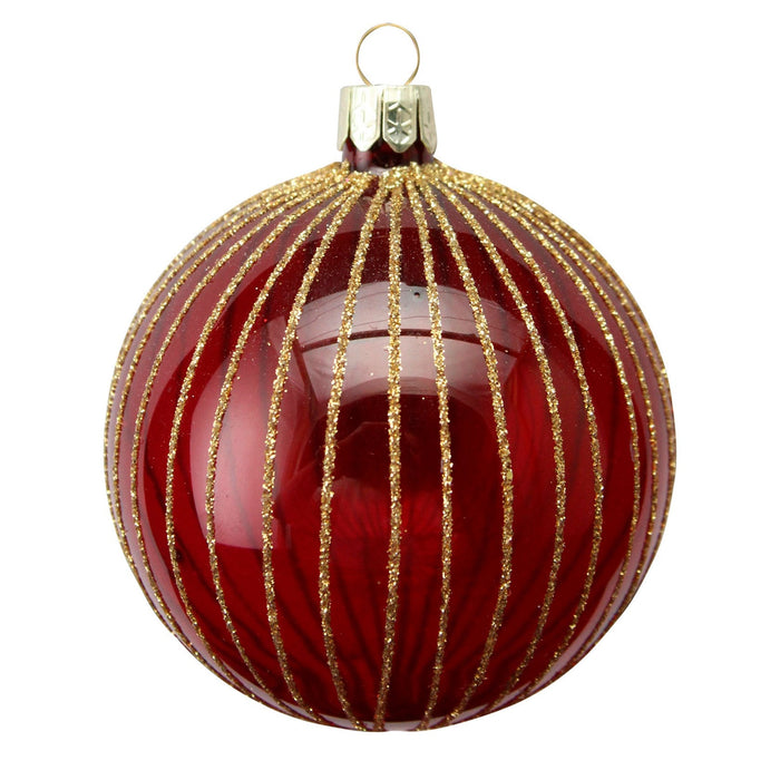 Glass Bauble 8cm - Clear Red/Gold Stripe