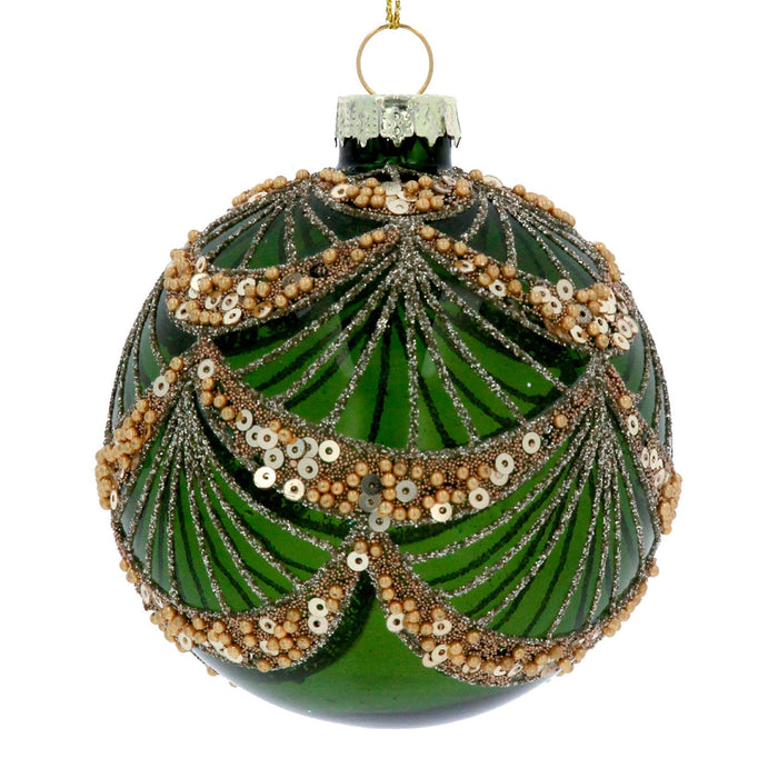 Glass Bauble 8cm - Green/Gold Sequin Swag