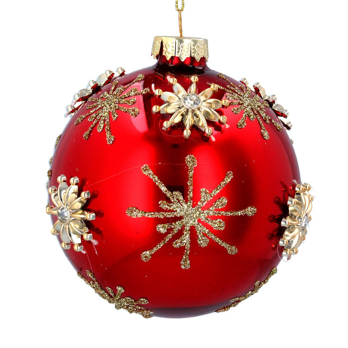 Glass Bauble 8cm - Red/Gold w Jewelled St