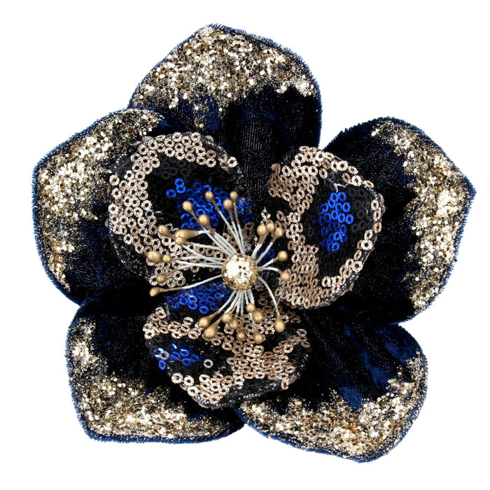 Clip on Flower 13cm - Navy/Gold Sequin Ma