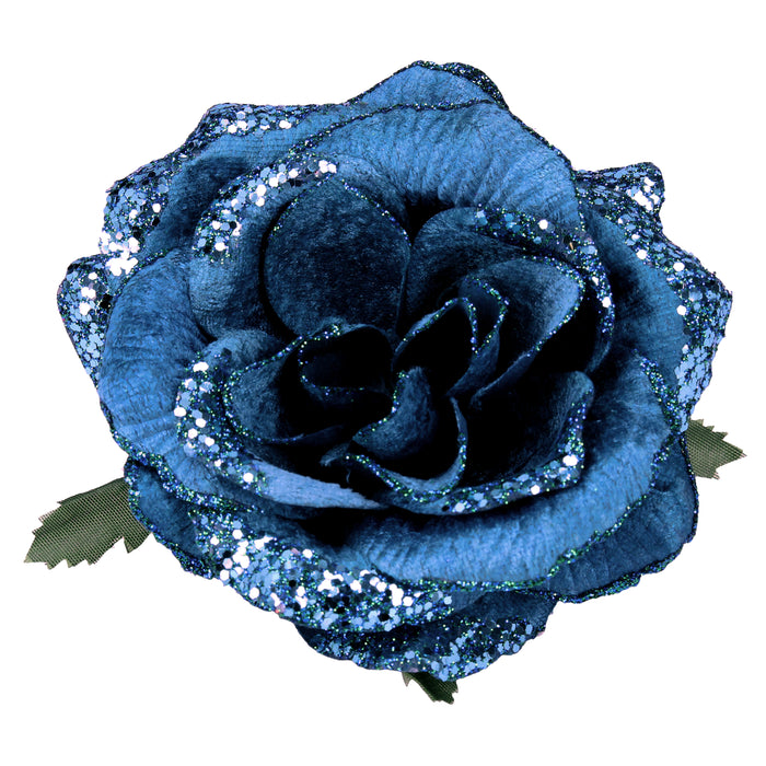 Blue Fabric/Sequin Rose Clip
