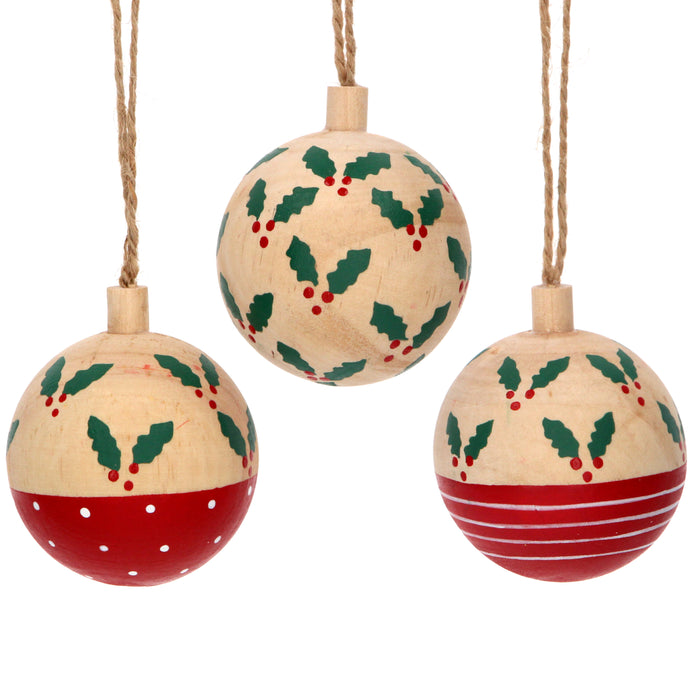 Wooden Bauble w Holly Dec, 3as