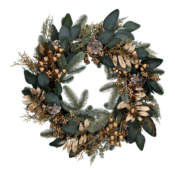 Wreath 60cm - Matt Gold/Green Leaf/Berry