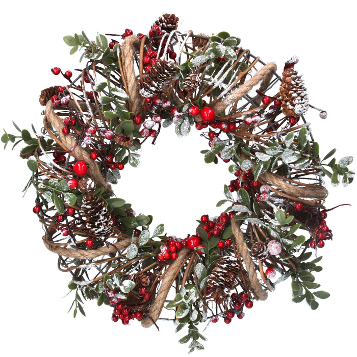 Wire Ring Wreath w Holly/Cones/String
