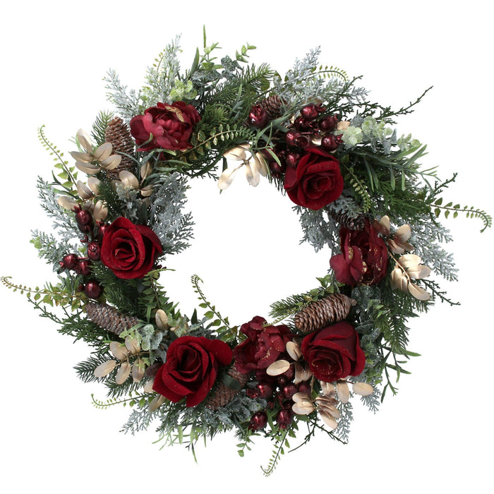 Wreath 55cm - Green/Gold Fir w Red Roses